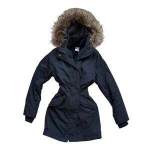 A&F Ultra Parka navy winter coat extra small faux-fur hood clinched waist 3-way